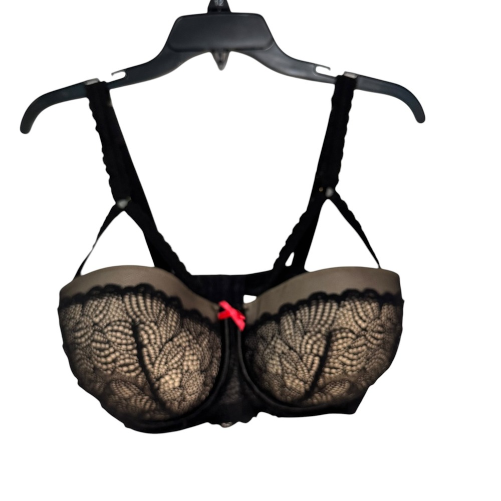 Cacique Black Lace Balconette Underwire Bra 40DDD‎ 1046486 Pink Bow Accent
